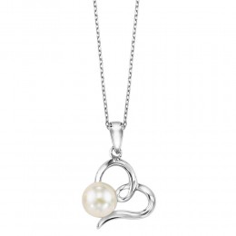 Cultured White Pearl Sideways Ribbon Heart Necklace