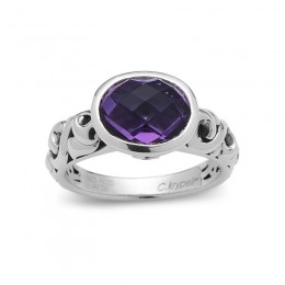 Sterling Silver  Ring Containing  1  10X8Mm Oval Amethyst And 2 Ruby Accent Stones