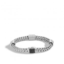 Classic Chain Silver Medium Four Station Bracelet with Pusher Clasp with Black Sapphire, Size M