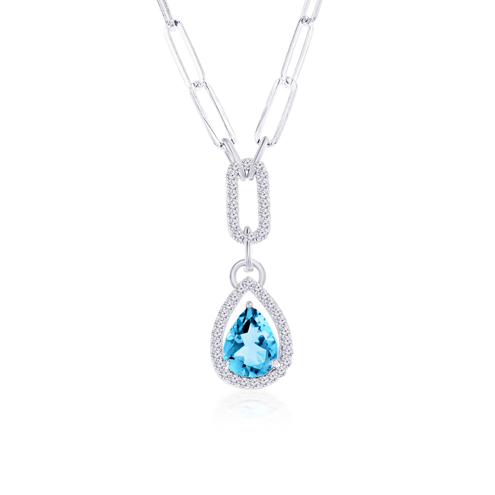 Pear Blue Topaz/White Topaz Silver Paperclip Necklace