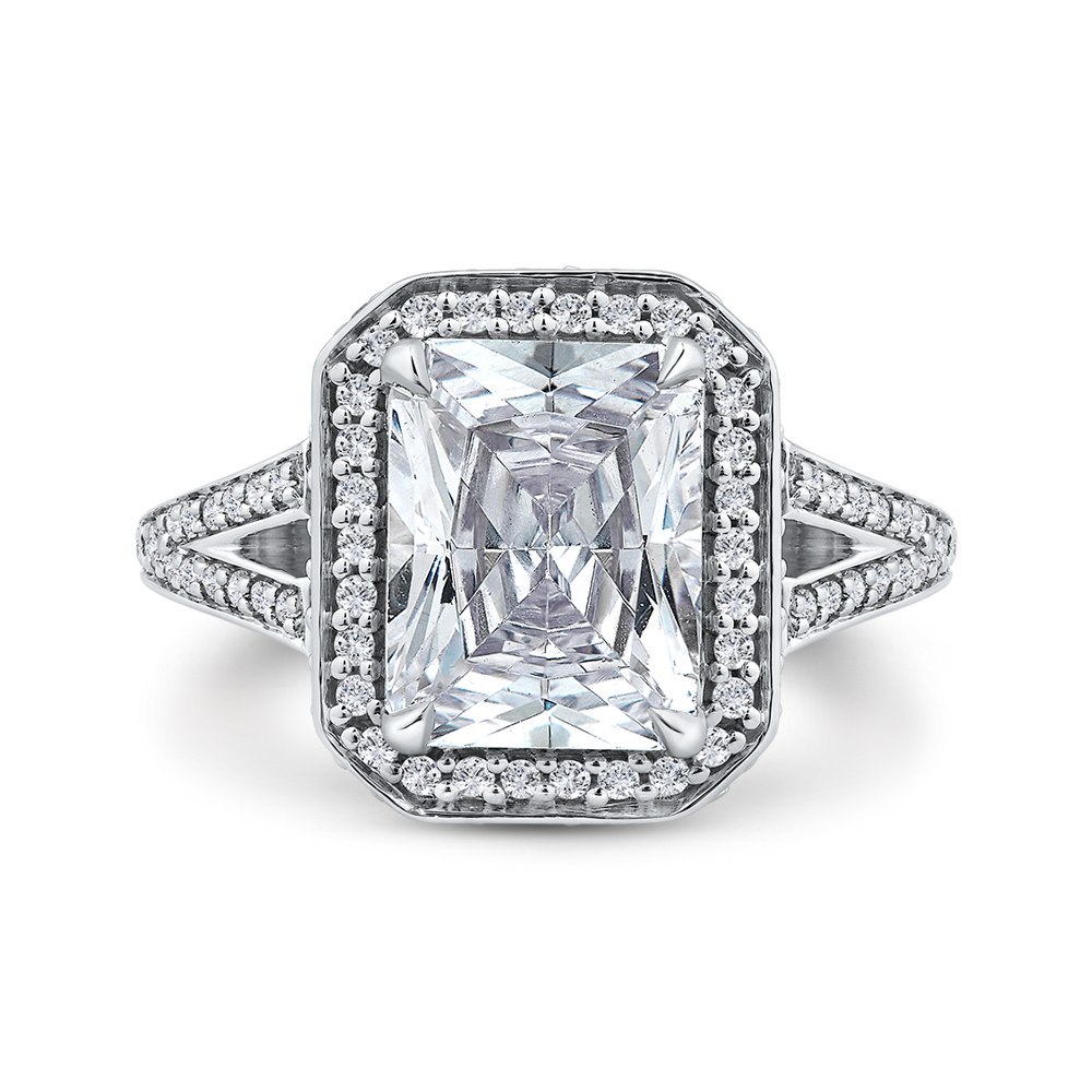 Radiant Diamond Halo Engagement Ring In 14K White Gold with Split Shank (Semi-Mount)