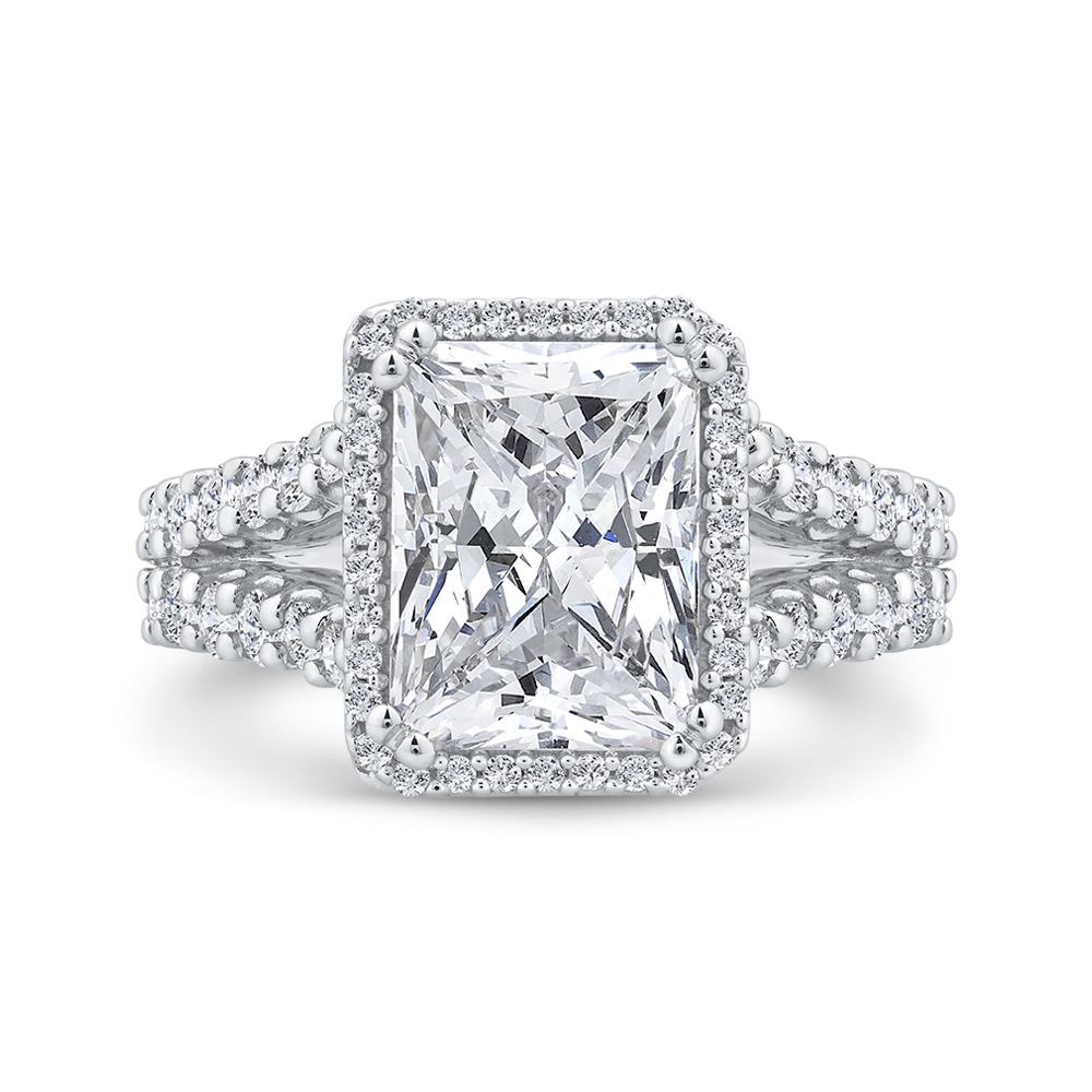 Radiant Diamond Halo Engagement Ring In 14K White Gold with Split Shank (Semi-Mount)