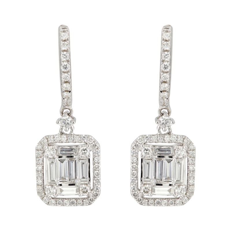 1.19Cttw Baguette and Rd Diamonds Dangle Earrings 14K White Gold